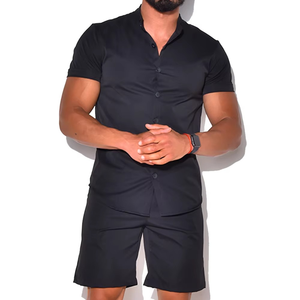 Ensemble deux pièces boutonné respirant de qualité supérieure, coupe classique, pour homme, séchage rapide, en polyester/coton molletonné, tenue décontractée d'été - Product Image 3