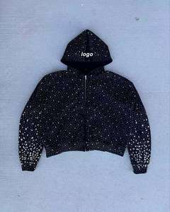 Wholesale High Quality Organic Cotton Heavyweight Cropped Men's Hip Hop <b>Zip</b> up Rhinestone Crystal French Terry Hoodie - Product Image 2