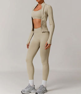 Conjunto de chaqueta y mallas sin costuras de alta elasticidad para mujer, ropa deportiva para gimnasio y Yoga, ropa de entrenamiento de 2 piezas - Product Image 1