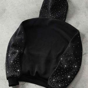 Sweat à capuche court en polyester/coton de haute qualité pour homme, streetwear unisexe, effet délavé, strass, coupe régulière, hiver - Product Image 4