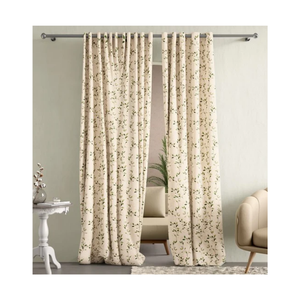 Rideau de salon demi-blanc à expédition rapide 140x260cm 240 GSM en coton crème traditionnel à motif floral vert avec pompons pour centres de villégiature et spas - Product Image 2