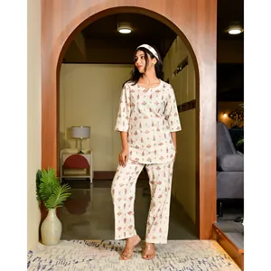 Conjunto de Pijama de Algodón Vedia para Mujer, Ropa de Dormir Cómoda, Conjunto de Ropa de Estar para Boutique y Exportación - Product Image 1