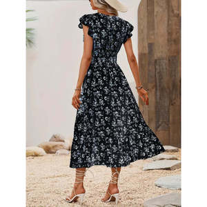 Robe à manches courtes pour femmes, col enroulé, taille élastiquée, motif floral, 36512 - Noir - Product Image 4
