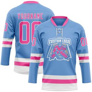Personalizado Azul Rosa Color Liso Personalizado Nombre del equipo Número Sublimación Poliéster Peso ligero Hockey sobre hielo Jersey Conjuntos - Product Image 2