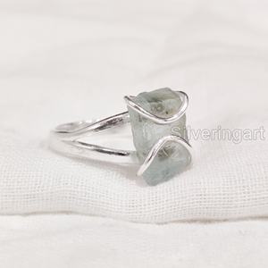 Anillo de Plata de Ley 925 con Piedra Natural de Aguamarina en Bruto para Mujer, Joyería con Banda de Alambre, Piedra de Nacimiento de Marzo - Product Image 1