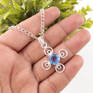 Collier pendentif croix en spirale avec pierre précieuse bleue tanzanite, taille ronde, en argent 925, bijoux fins pour fête de fiançailles - Product Image 3