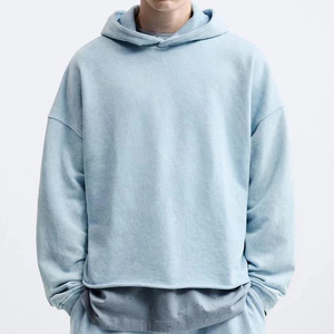 เสื้อฮู้ดดี้ผ้าโพลีเอสเตอร์/คอตตอนสีฟ้าอ่อน พิมพ์โลโก้ตามสั่ง ทรงโอเวอร์ไซส์ กันลม ไม่มีกระเป๋า ชายเสื้อแบบดิบ ตัดโลโก้ด้านหน้า เหมาะสำหรับฤดูหนาว - Product Image 1