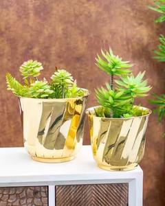 Golden Brass Planter <b>Pot</b> with Smooth Spiral Surface <b>Decorative</b> Accent <b>for</b> Indoor <b>Plant</b> Tabletop Decor - Product Image 2