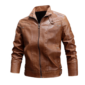 Blouson moto homme en cuir PU marron, coupe ajustée, col montant, fermeture éclair, manches classiques, idéal pour l'automne - Product Image 1