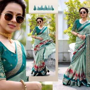 Bordure verte pure Georgette impression numérique Saree chemisier de travail lourd glands contraste correspondant pour polyester viscose indien - Product Image 2