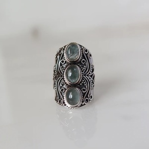 Aquamarine <b>ring</b> for women 925 sterling silver adjustable designer <b>ring</b> with three aquamarine stones vintage style gemstone <b>ring</b> - Product Image 1