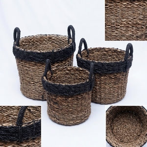 Natural Banana Bark Recycled <b>Plastic</b> <b>Basket</b> Set Black Thick Rim Arch Handle Cylinder Pot Planter Pure Art Setup Room Decor Art - Product Image 2