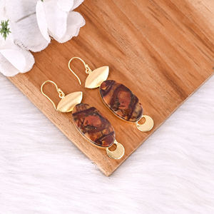 Boucles d'oreilles ethniques en laiton avec pierre précieuse jaspe Malinga, plaqué or, bijoux faits à la main, boucles d'oreilles pendantes en laiton de haute qualité, commande en gros - Product Image 2