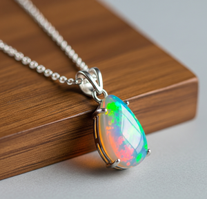 Pendentif en argent sterling 925 plaqué rhodium, serti clos, style bohème, forme goutte, opale éthiopienne naturelle, cadeau 18 carats, bouddhisme - Product Image 1