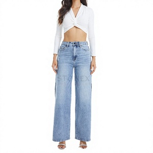 Jeans de mezclilla de cintura alta y pierna ancha para mujer, a la moda, de ajuste holgado, pierna recta, azules, pantalones casuales de streetwear, venta al por mayor OEM ODM - Product Image 2