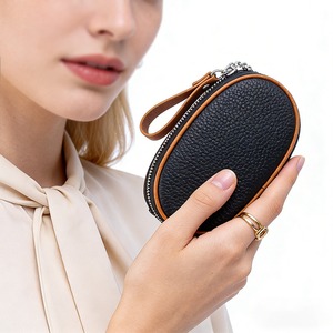 Ando Bag Genuine Cowhide Leather Oval Coin <b>Purse</b> with Keychain Small Zipper Wallet with Wrist Loop - Product Image 3