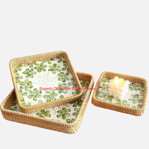 Plateau de service en rotin rond élégant avec incrustation de nacre feuille verte plateau en osier écologique pour la cuisine, la salle à manger et la décoration intérieure - Product Image 3