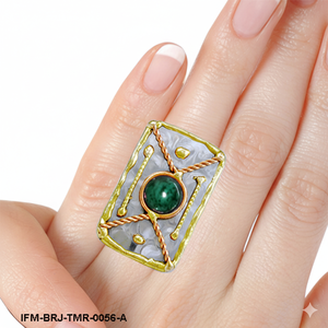 Artisanal Tri-Metal Geometric <b>Ring</b> Hand-Textured Design with Malachite Cabochon Two-Tone Gold and Silver <b>Statement</b> Piece - Product Image 2