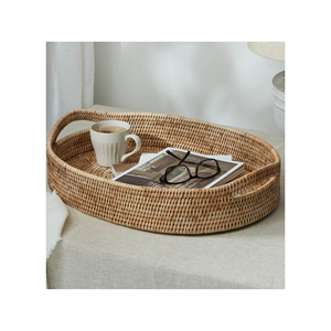 Plateau en rotin tissé à la main-Plateau organisateur polyvalent-Plateau de service en rotin ovale avec poignées - Product Image 5