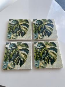 Sous-verre en pierre de marbre de feuille de Monstera, pierre calcaire, fait à la main, décoration naturelle pour la maison - Product Image 6