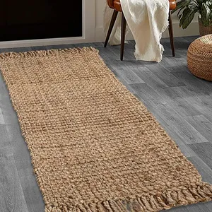 MORE Natural Fiber Collection 2' x 6' Natural NF447A Handmade Chunky Textured Premium Jute 0.75-inch Thick Runner Rug