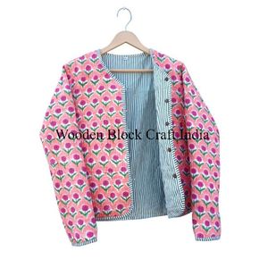 Chaqueta Acolchada Clásica de Algodón Global Hecha a Mano para Mujer, Elegante, Reversible, con Estampado Étnico Kantha, para Todas las Temporadas - Product Image 6