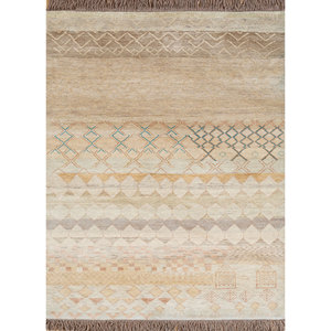 Alfombra Manchaha de Lana y Seda Anudada a Mano, Color Marfil, con Patrón Geométrico, para Sala de Estar, Pasillo, Habitación Juvenil, Modelo Rectangular Tipo Rompecabezas-Lub-40 - Product Image 1