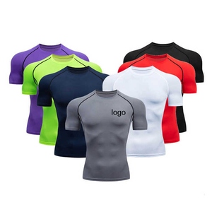 Haute élastique séchage rapide Compression à manches courtes hauts de gymnastique pour hommes Style sportif respirant entraînement serré plaine tricoté chemises - Product Image 5