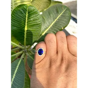 925 Silver Oval Sapphire Ring Resizable Ethnic Wedding Jewelry Plated Gemstone Customizable Shape Resizable Brass Inlay Setting - Product Image 3