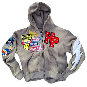 Sudadera con capucha para hombre con cremallera y parches gráficos, forro polar, estilo urbano, detalle de manga desgastada, ropa exterior informal - Product Image 6