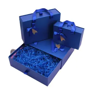 Royal Blue Decorative Thick Pull Out Drawer Paperboard Box With Satin Handle Customizable Size Color Logo Design Print