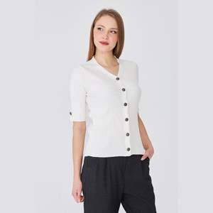 Cárdigan Elegante de Manga Corta para Mujer, Cómodo, Transpirable, de Punto Acanalado, Corte Ajustado, con Botones, Top de Punto para Verano, Estilo Moderno para Damas - Product Image 1