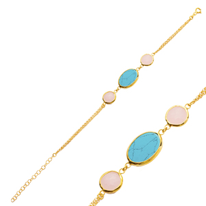 Venta al por mayor oval turquesa redondo rosa cuarzo oro bisel plata Pulsera hecha a mano 925 joyería esterlina - Product Image 1