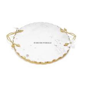 Plateau en marbre blanc de forme ronde de qualité supérieure très exigeant avec support de base de conception unique poli brillant argenté coulé en aluminium - Product Image 3