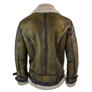 <b>Men's</b> Genuine <b>Sheepskin</b> Leather Bomber <b>Jacket</b> with Stand Collar Vintage <b>Jacket</b> with <b>Sheepskin</b> Lining - Product Image 3