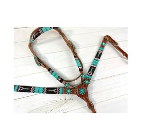 Vente chaude Marron Premium Qualité Cuir Cheval Headstall & Collier De Poitrine Tack Set avec Design Géométrique Accessoires D'équitation - Product Image 1