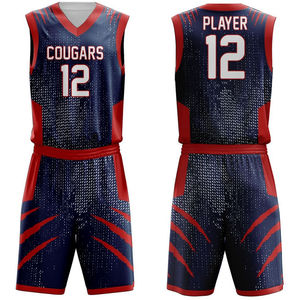 Uniforme de basket-ball pour jeunes surdimensionné Maillot de basket-ball à sublimation en maille réversible Uniforme de basket-ball bleu et rouge - Product Image 1