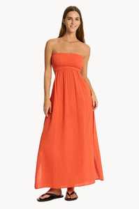 Vestido largo hasta el tobillo con aspecto de vacaciones, tela de gasa, cómodo vestido largo bohemio naranja sin tirantes - Product Image 6