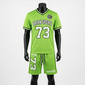 ชุดเสื้อและกางเกงบาสเก็ตบอลผ้าโพลีเอสเตอร์ตาข่ายพรีเมียม 180 GSM สีเขียวนีออน แต่งแถบยางยืดตัดสี พร้อมโลโก้ สำหรับผู้ชาย - Product Image 1