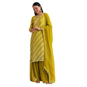Giallo senape e verde chiaro Georgette Kurta Palazzo completo con Moti Work e Gota pizzo all'ingrosso abbigliamento etnico da donna - Product Image 4