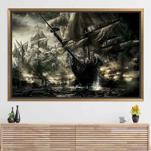 Arte Impreso en Lienzo de Barco Pirata: Decoración Abstracta de Batalla, Lienzo con Marco Dorado - Product Image 1