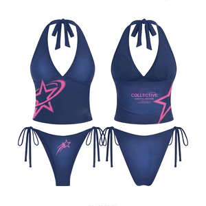 Ensemble de bikini halter pour femme, 220 GSM, polyester et élasthanne, extensible et doux, bleu marine, rose, logo sublimé, pour maillot de bain - Product Image 1