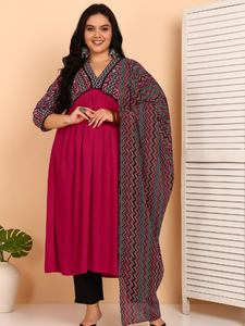 <b>Womens</b> Rayon Bagru Printed Alia Cut Kurta <b>Pant</b> Dupatta Set Calf Length V Neck Three Fourth Sleeve Zig Zag Dupatta Pink - Product Image 6