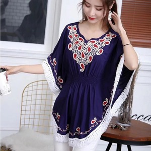 New Arrival Women's Fashion Tunic Top Blue V-Neck Cotton Embroidery <b>Lace</b> Decoration Long <b>Sleeves</b> Plain Dyed Technique Sweet - Product Image 2