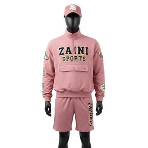 Conjunto Corto de Chaqueta Cortavientos para Hombre, Poliéster, Felpa, Rosa Suave, Diseño Sólido, Logotipo de Chenilla, Conjunto Corto de Chaqueta Cortavientos para Hombre, Talla Grande - Product Image 1
