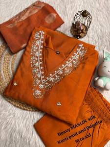 Conjunto de Kurta, Pantalón y Dupatta de Muselina de Seda y Viscosa, Sólido, Transpirable, Recto, para Mujer, Estilo Étnico, Bordado, Tallas M a XXL, Verano - Product Image 2