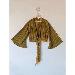 เสื้อครอปแขนกระดิ่งสำหรับผู้หญิงใส่ในฤดูร้อนเสื้อครอปผูกโบว์ผ้าไหมลายดอกไม้วินเทจใส่ไปปาร์ตี้เสื้อครอป - Product Image 1