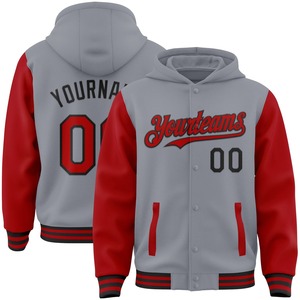 Vente en gros directe de l'industrie, veste bomber décontractée d'hiver personnalisée, noir-crimson-or, entièrement à boutons-pression, style varsity, deux tons, avec capuche - Product Image 5