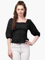 Haut court décontracté chic pour femme, manches courtes, en crêpe, excellente qualité, lavable, teinture unie, usage quotidien