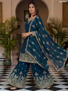Trajes Sharara Bordados Estilo Indio y Pakistaní, Traje Salwar Kameez de Seda Chinon con Bordado, Lentejuelas y Trabajo Zari - Product Image 4